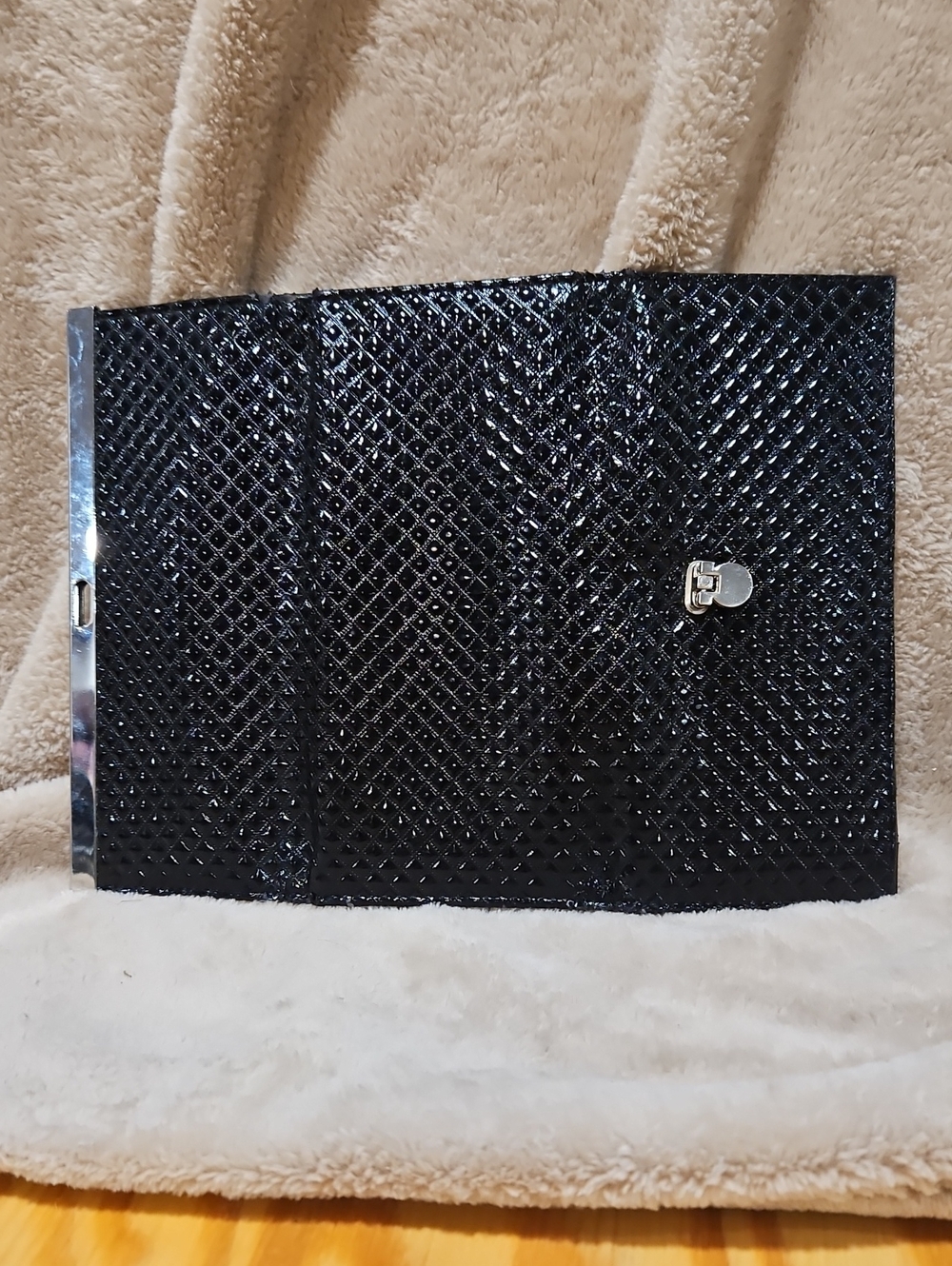 Black Quilted Patent Clutch Wallet with Silver Frame - Picture 4 of 4